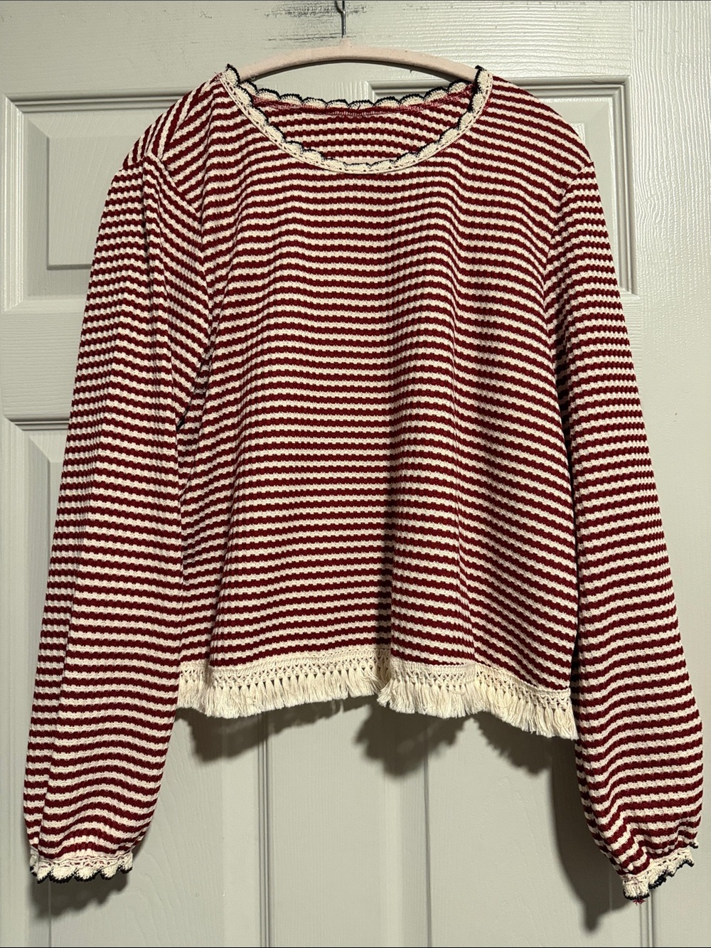 Red and White Striped Crochet-Trim Pullover Sweatshirt